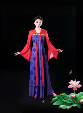 古典舞演出服汉唐身韵纱衣元旦舞蹈表演服国风舞台装大摆裙蓝色女