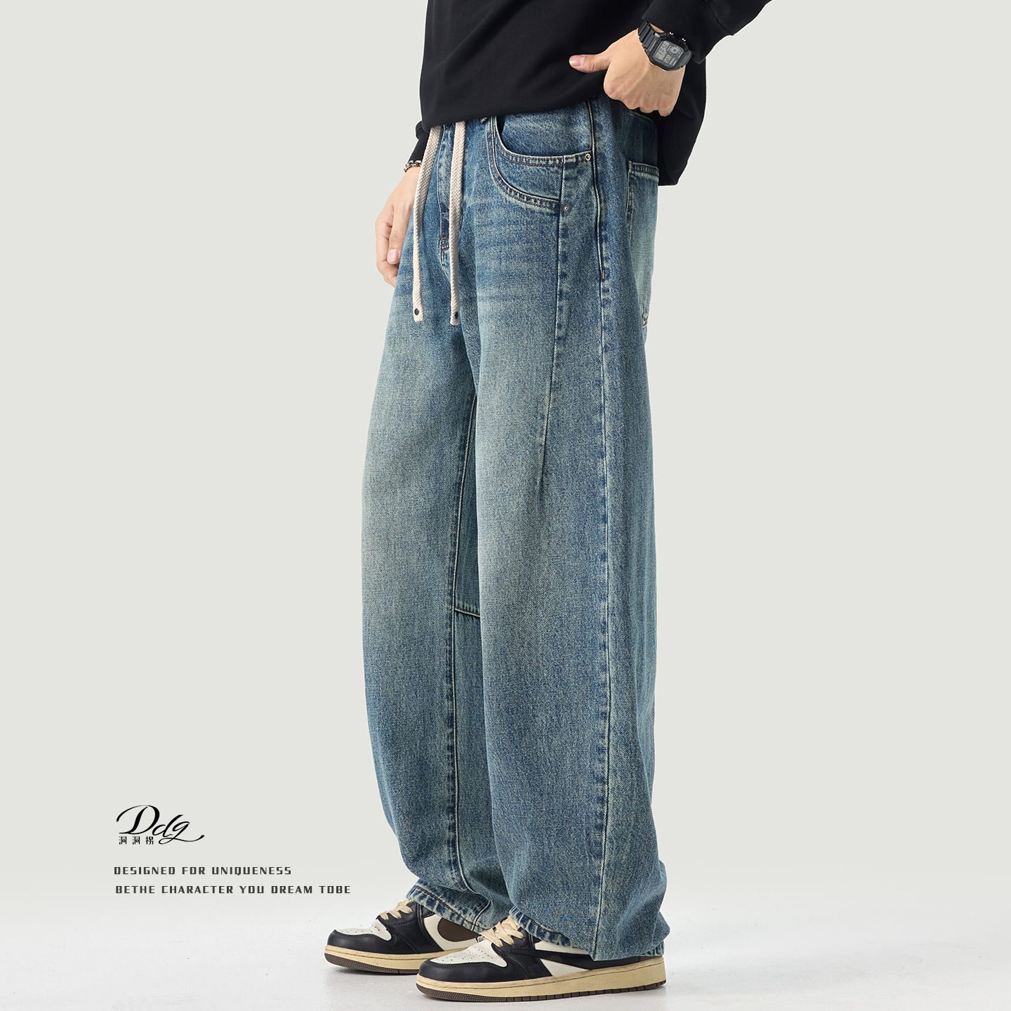 thumbnail for Cotton high-gram jeans men's autumn 2025 new drawstring loose elasticated waist straight washed scimitar pants