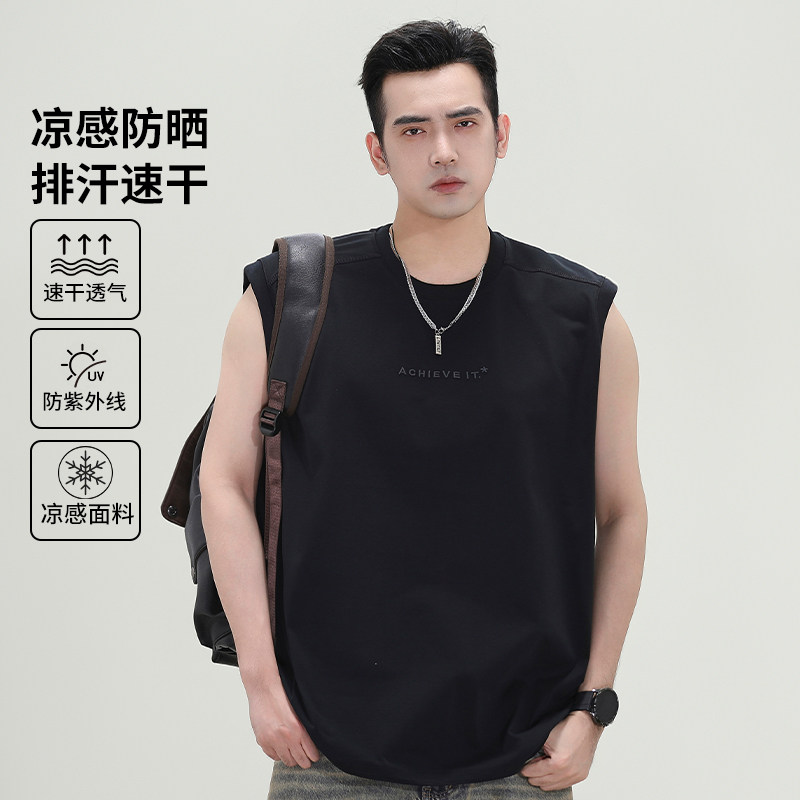 冰丝速干无袖背心男款2026新款青少年美式坎肩无痕健身运动t恤男