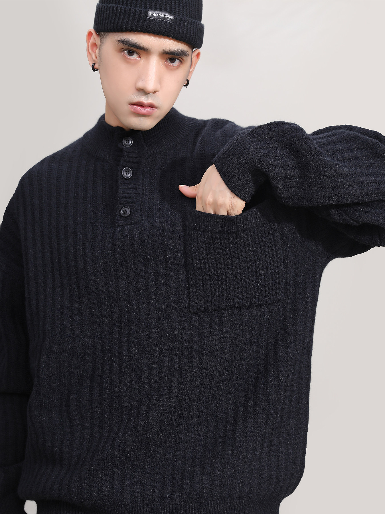 AUTUMN AND WINTER HENLEY COLLAR SWEATER BOYS BLACK TRENDY LOOSE PULLOVER LAZY STYLE THICKENED KNIT JACKET