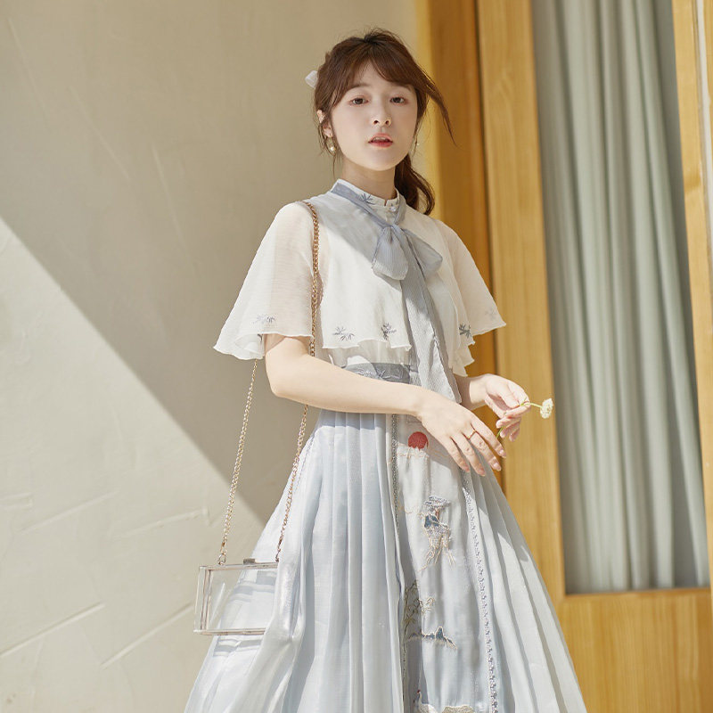 徐娇织羽集【静春山】日常改良汉元素夏新款 连衣裙 短披风两件套