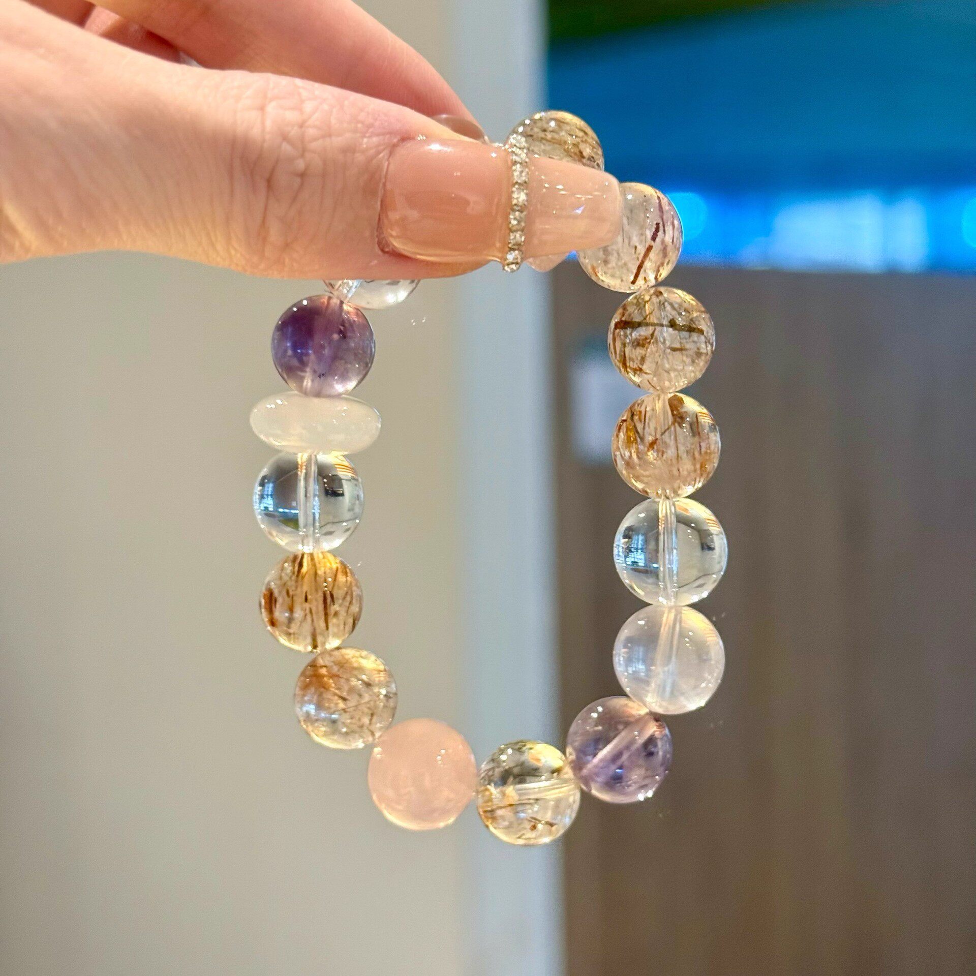 天然水晶手链女黑金超白水晶莫粉晶紫塔晶多宝手串招财转运珠小众