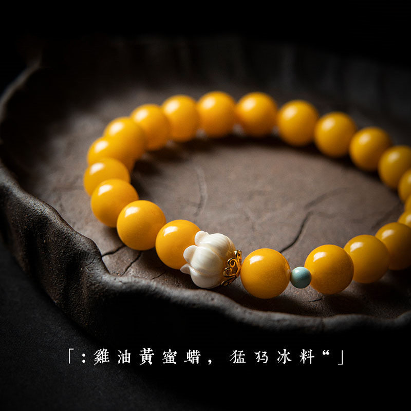 原创天然鸡油黄蜜蜡佛珠男士手串猛犸牙绿松石女款礼物手链
