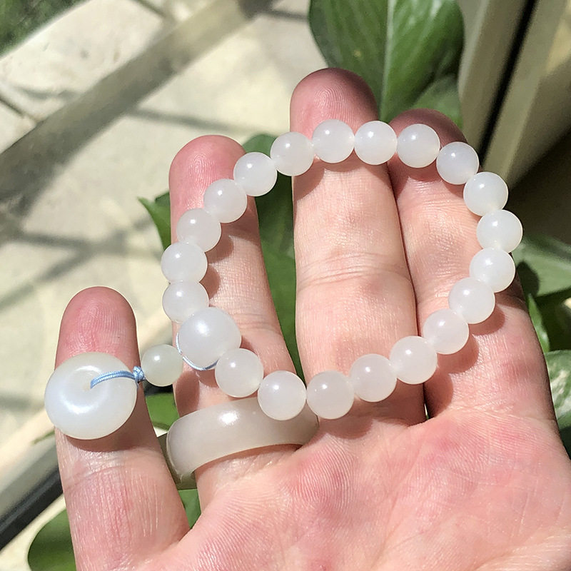 毕业级天然和田玉羊脂玉手链少女款8mm圆珠手串白玉平安扣玉坠子