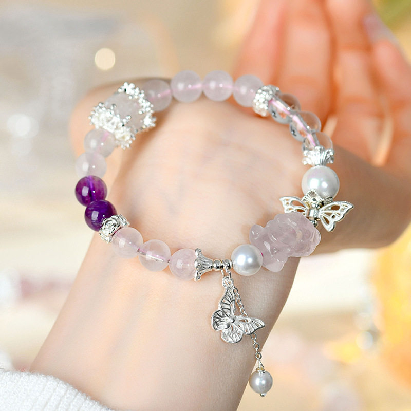 天然粉晶吞金兽紫水晶白水晶蝴蝶手链新中式国潮原创女款手串