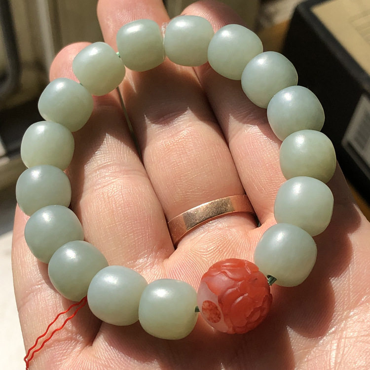 收藏级新疆和田玉老型珠手串瓷白苹果珠老型珠手链桶珠玉石珠串南