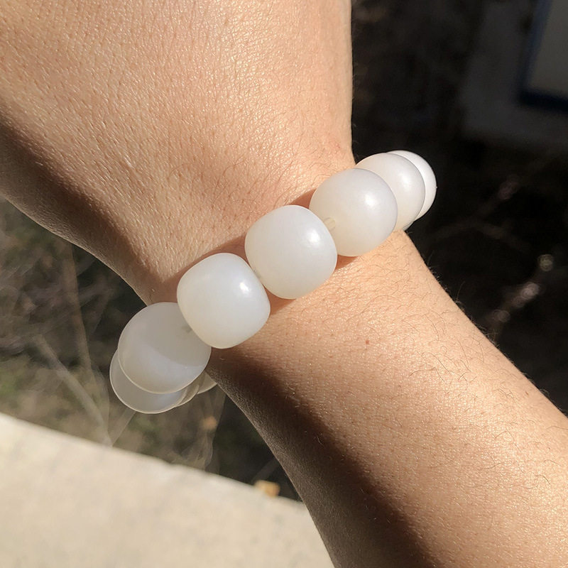 保真天然和田玉手链男新疆山料羊脂玉老型珠手串14mm白玉桶珠链子