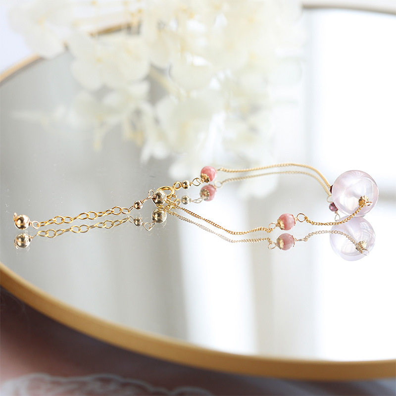 巧恩天然水晶粉晶手串简约小众设计南红首饰配件14k包金手链女