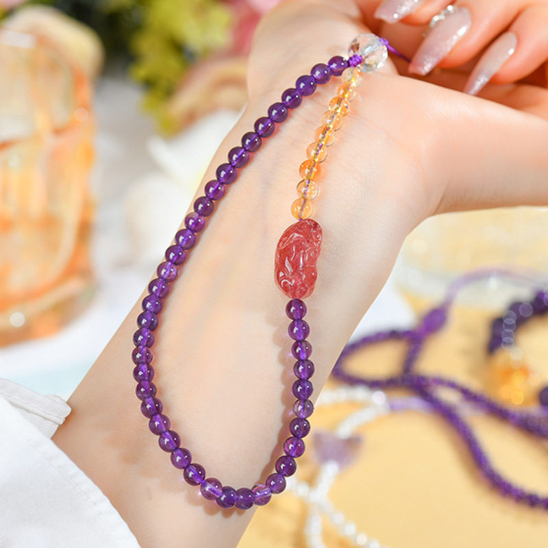 天然紫水晶黄塔晶草莓晶貔貅手机链挂件挂绳防丢失手腕挂饰品