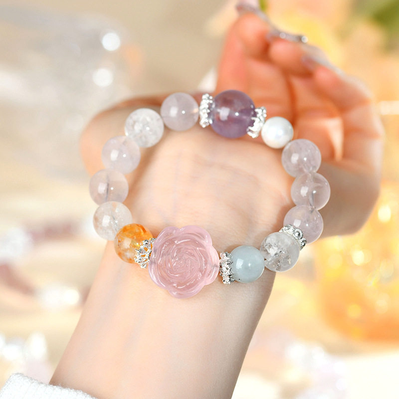 天然粉晶牡丹花紫水晶海蓝宝手链时尚原创女士网络销款手串