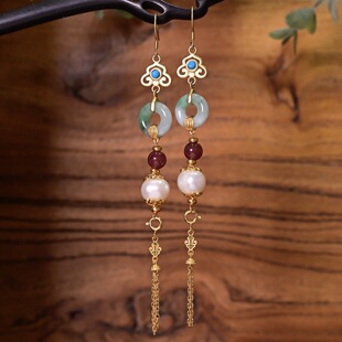 新中式天然A货飘花翡翠甜甜圈耳环耳坠粉碧玺珍珠925纯银镀金流苏