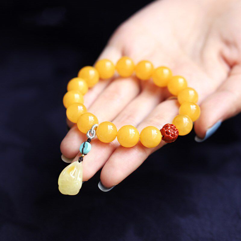 鸡油黄蜜蜡手串10mm单圈DIY款搭配南红玛瑙宝石佛珠手链时尚饰品