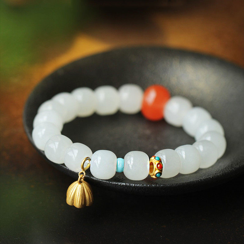 天然和田白玉老型珠9*10mm单圈手链DIY搭配南红手串男女款简约