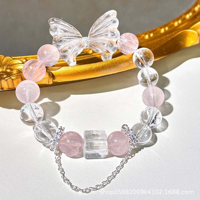 天然马达加斯加粉晶手链女设计感白水晶蝴蝶手饰女时尚高级感手串
