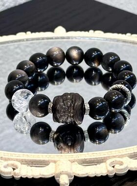 天然银曜石醒狮头手链男女情侣款