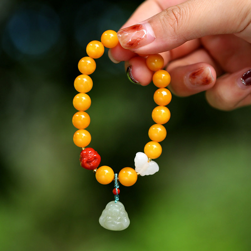 天然琥珀原石蜜蜡手串女玉石南红和田玉弥勒佛配饰鸡油黄满蜜手链