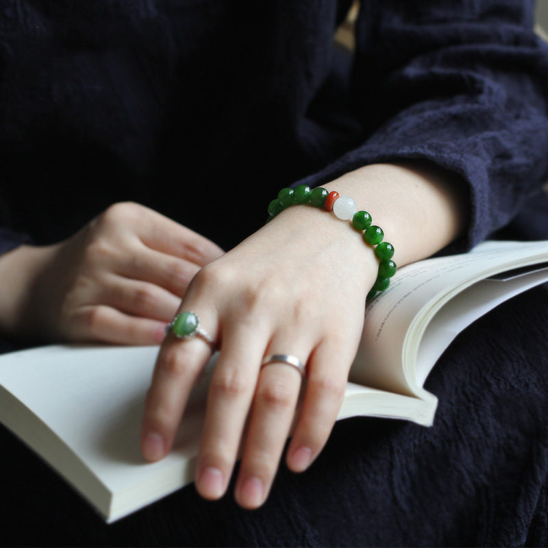 天然菠菜绿和田老坑碧玉简单大气复古手串白玉莲花礼物