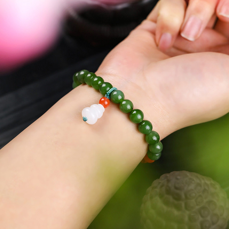 天然和田玉手串女手饰DIY设计款白玉葫芦配南红手链圆珠约8mm饰品