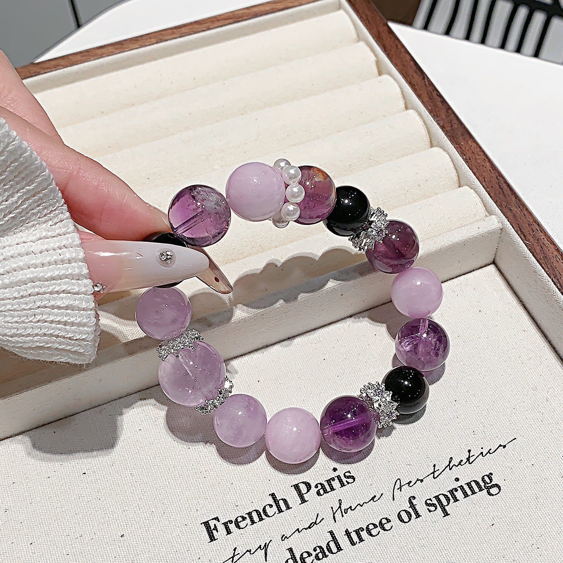 天然紫水晶紫云母手链 女大颗粒粉晶手串 个性小众水晶串珠饰品链