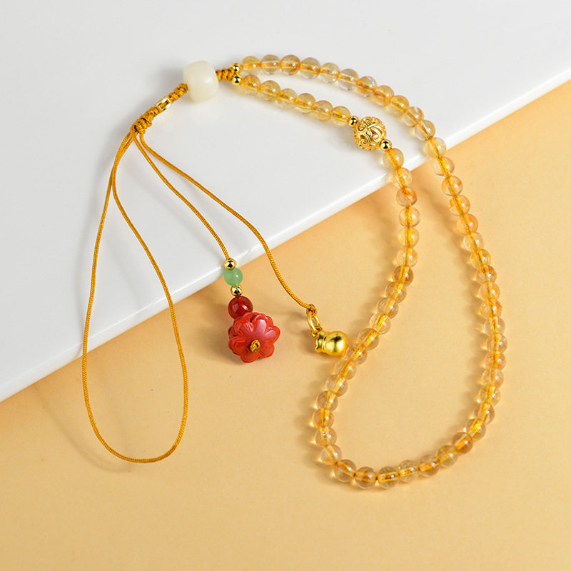 天然黄水晶串珠莲花福袋手机链佛念珠钥匙包挂饰挂件饰品