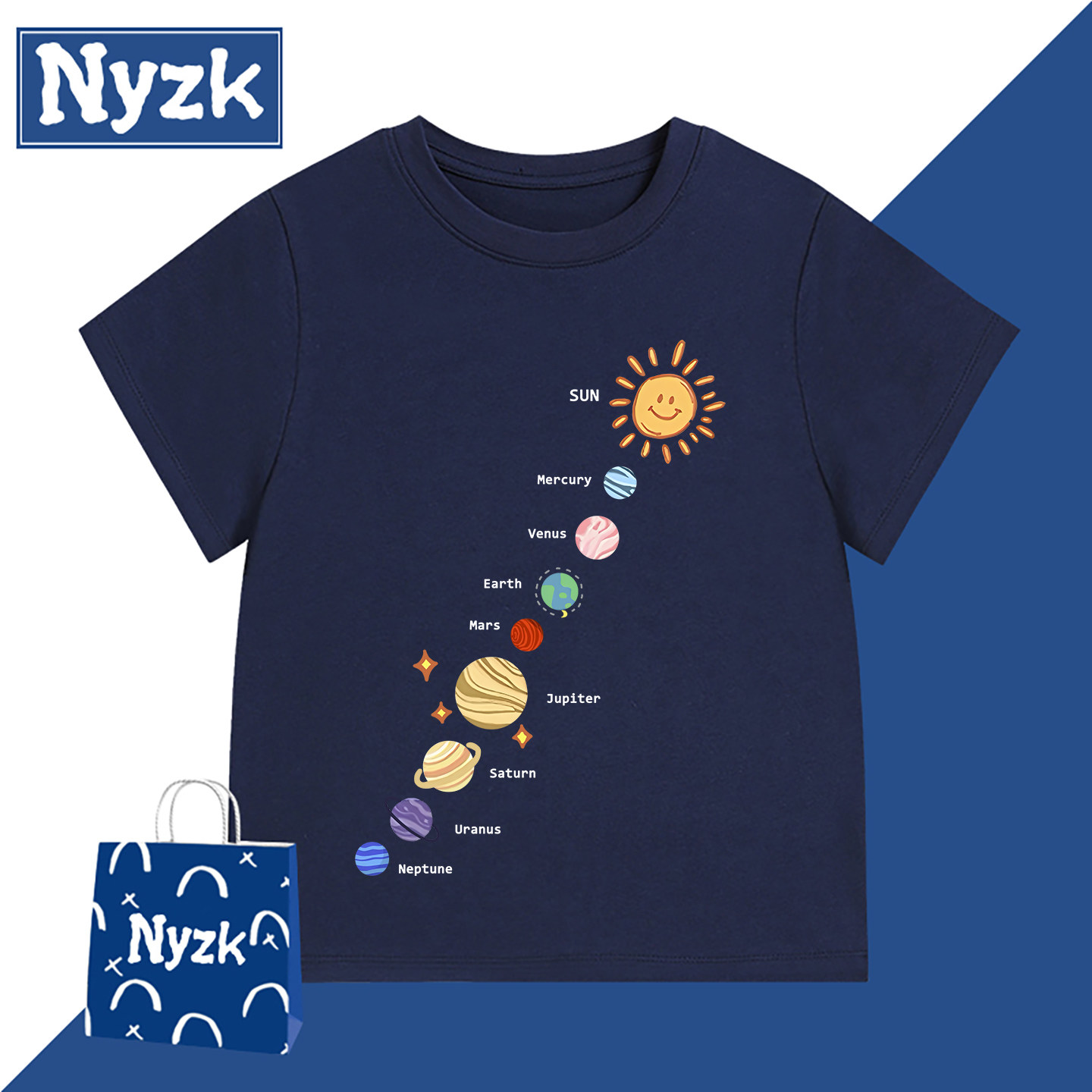 NYZK亲子装男童短袖t恤太阳系八大行星中大儿童夏装男女童童装潮