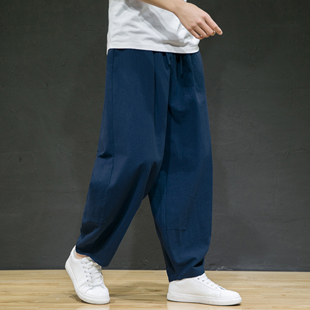 中国风加绒加厚亚麻裤秋冬九分裤男裤子束脚哈伦裤棉麻休闲裤长裤