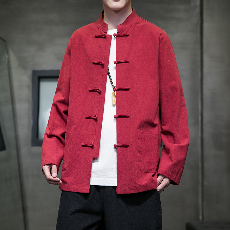 新中式男装中国风套装酒红色盘扣衬衫男长袖春季痞帅中山唐装道袍