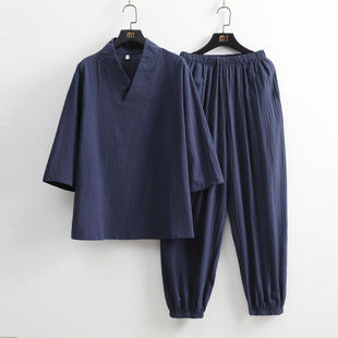 男太極七分袖 大碼 唐裝 改良漢服道袍中國(guó)風(fēng)亞麻套裝 棉麻漢服兩件套
