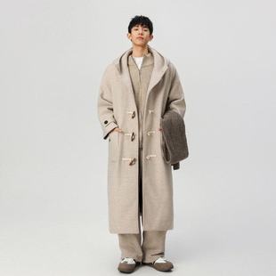 秋冬牛角扣连帽毛呢大衣男生学院风加棉加厚中长款过膝呢子外套潮