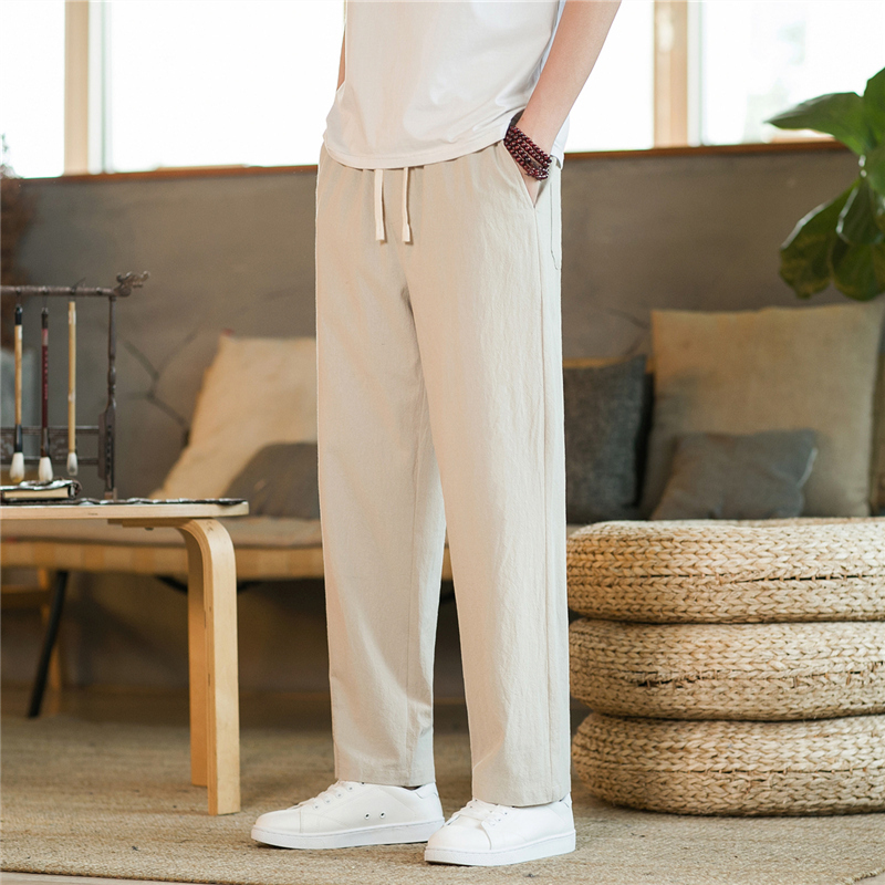 裤子男款秋季男士亚麻直筒裤宽松纯棉休闲裤长裤秋冬男生棉麻卫裤
