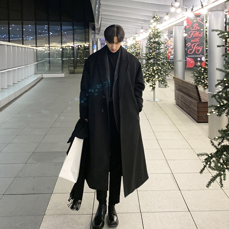 男装秋冬韩版中长款过膝加厚加棉风衣青年修身长款毛呢子大衣外套
