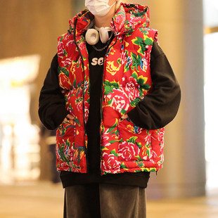 东北大花棉袄羽绒棉马甲男款冬加厚保暖背心棉服外套潮牌大码坎肩