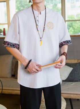 中式中袖衬衫男养生馆中医针灸理疗足疗按摩技师服装茶艺师工作服