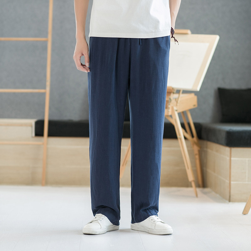 亚麻长裤男中国风秋夏季薄款直筒裤复古宽松大码运动裤棉麻哈伦裤