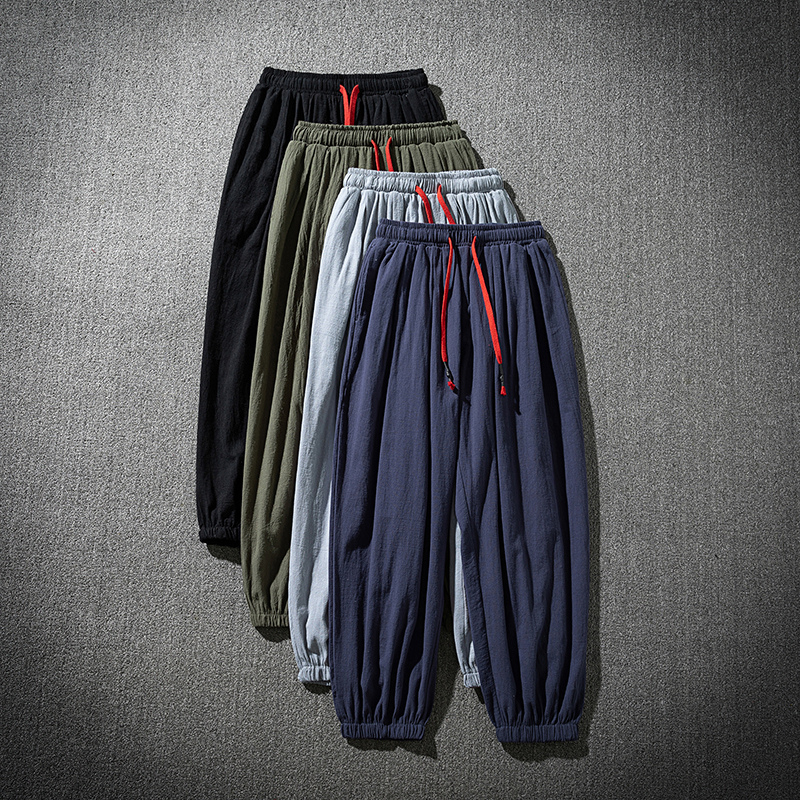 棉麻冰丝裤男士潮牌九分宽松加肥加大码束脚休闲运动长裤夏季薄款