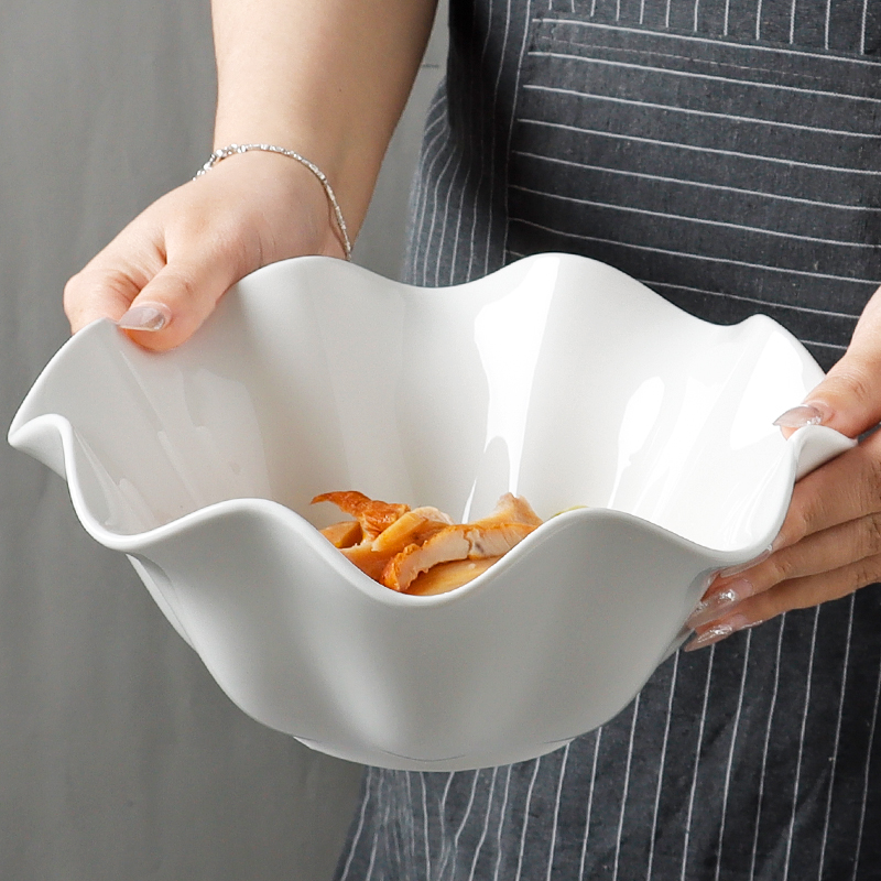 陶瓷碗家用大号高级感荷叶边2025新款陶瓷餐具水果沙拉碗纯白汤碗