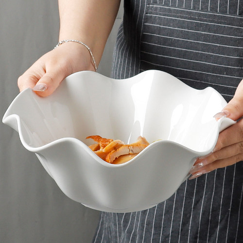 陶瓷碗家用大号高级感荷叶边2025新款陶瓷餐具水果沙拉碗纯白汤碗