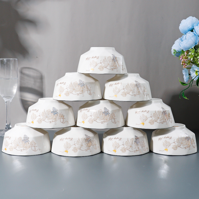 10个碗4.5英寸家用吃饭碗米饭碗网红印花陶瓷碗小汤碗套装可微波