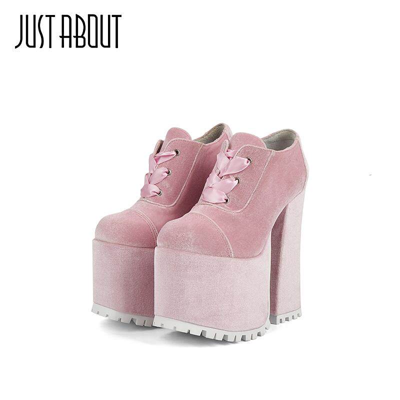 just about复古粉色单鞋防水台粗跟短靴16CM超高跟鞋小个子不累脚