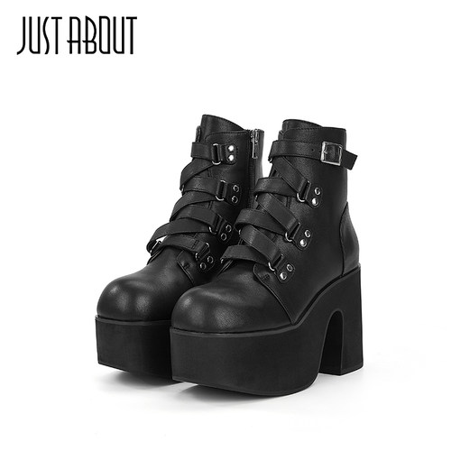 justabout黑色高跟朋克马丁靴子