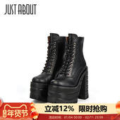 just about黑色马丁靴高帮鞋 复古街头帅气系带厚底短靴女潮ins风