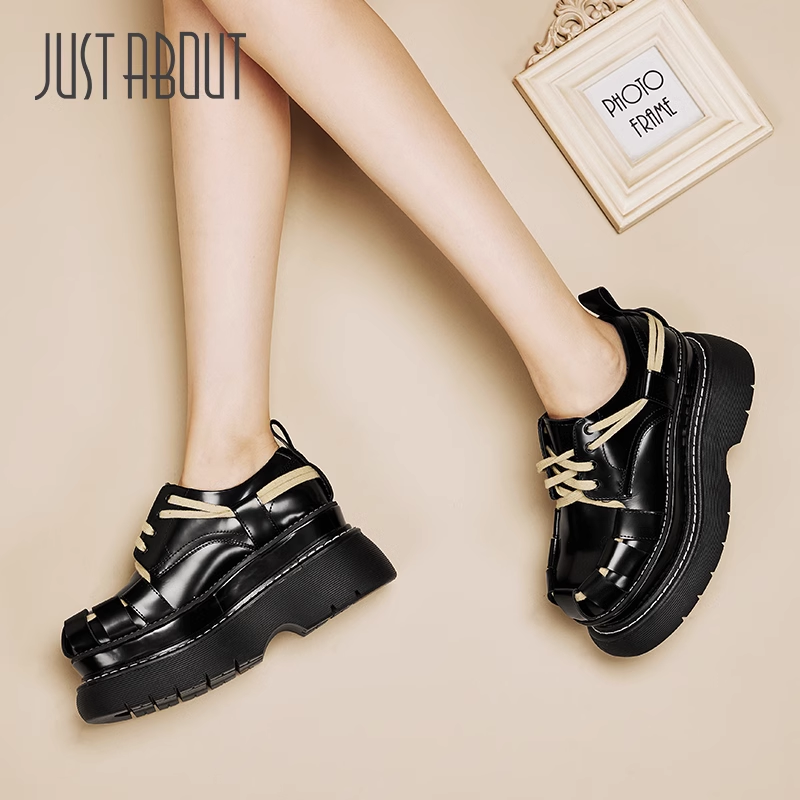 just about秋款厚底小皮鞋女个性设计感一脚蹬乐福鞋方跟深口单鞋