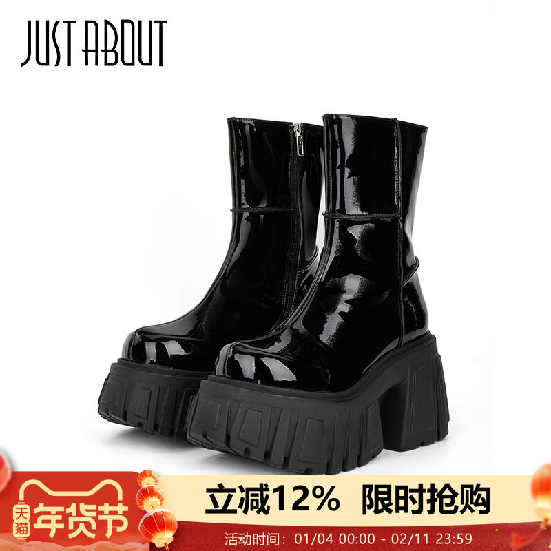 just about秋冬黑色马丁靴女通勤显瘦女靴小个子高跟靴粗跟不累脚