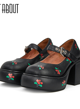 just about春季新款黑色小皮鞋可爱樱桃玛丽珍鞋厚底粗跟增高单鞋