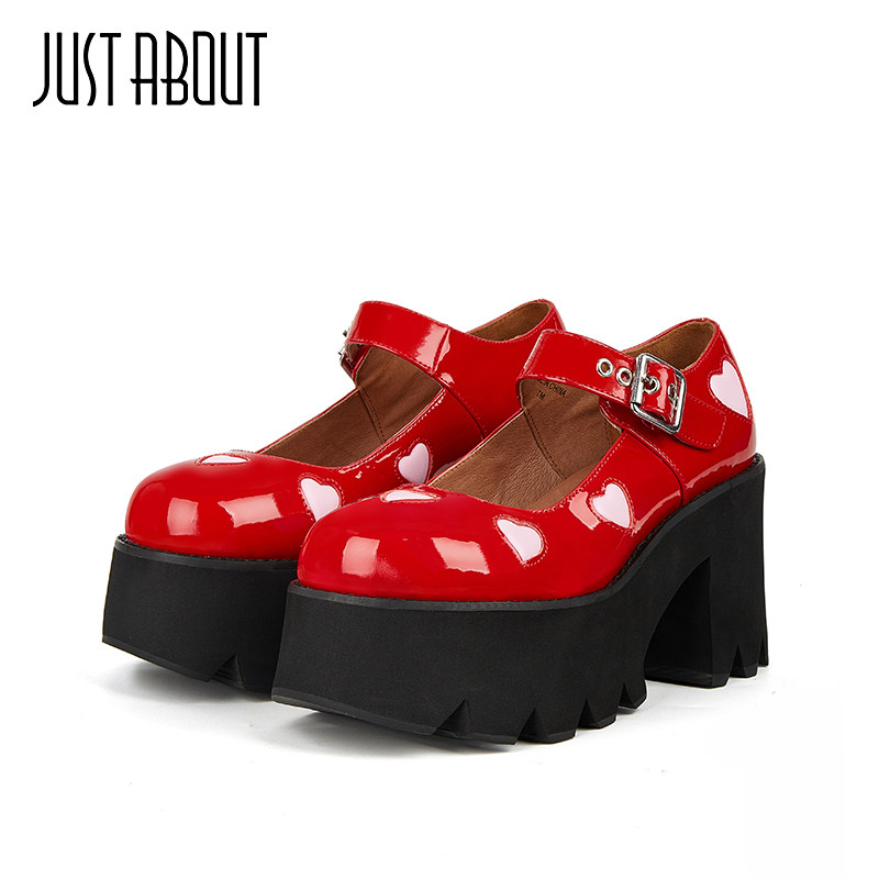 just about红色漆皮小皮鞋女jk鞋子厚底牛皮单鞋小个子增高不累脚