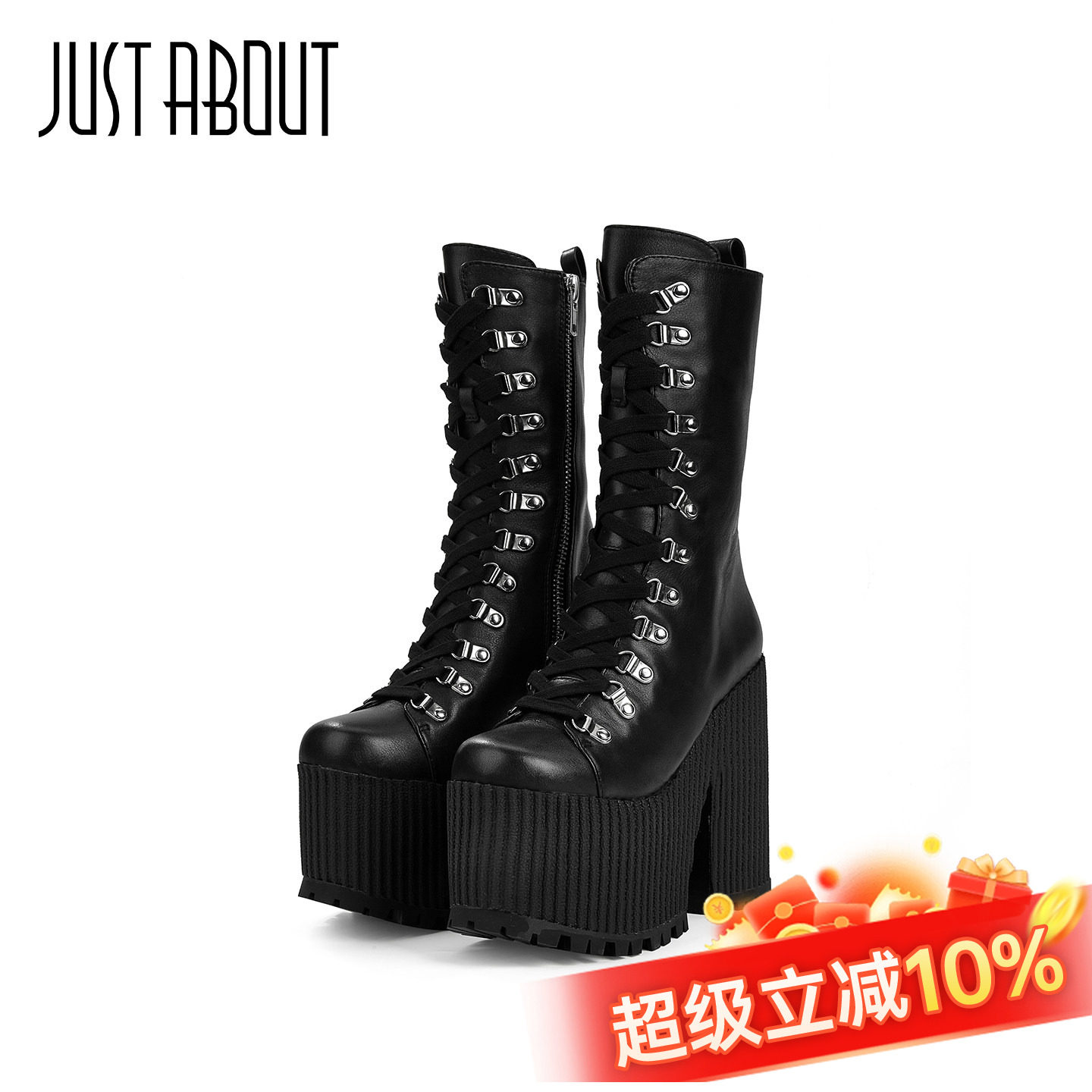 时尚铆钉女增高显瘦时装靴黑靴