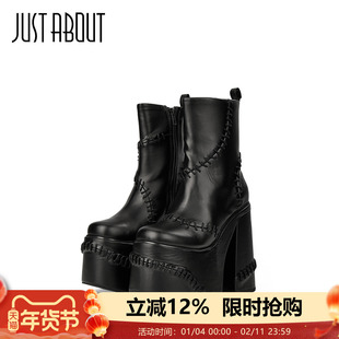 just about黑色机车靴厚底短靴女超高跟马丁靴帅气瘦脚潮酷时装靴