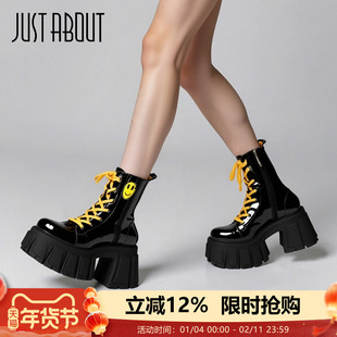 just about小众设计感高跟厚底方跟系带小皮鞋女增高显瘦时装靴