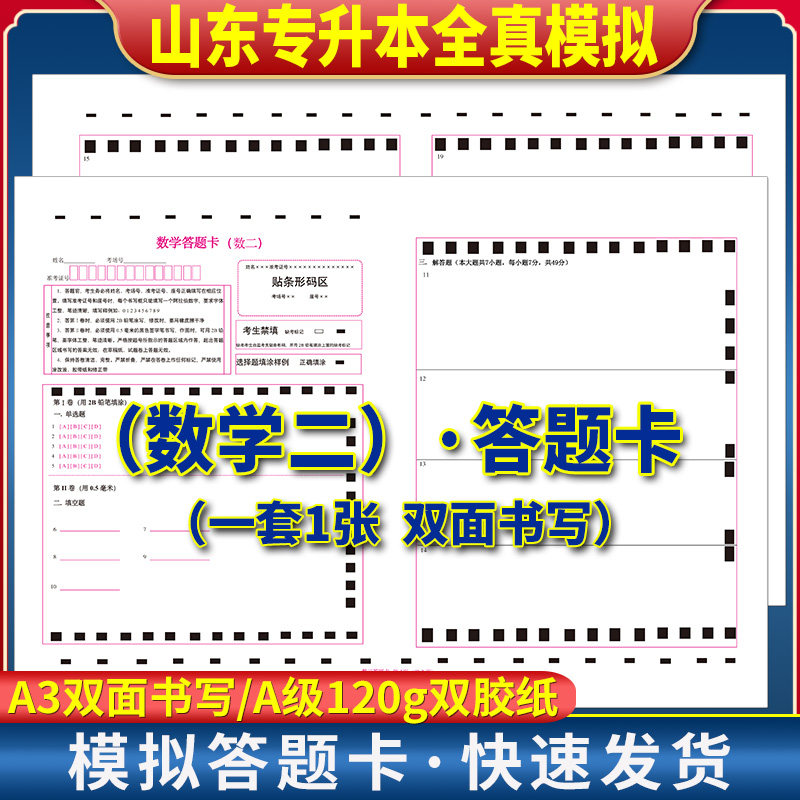 2025年山东专升本考试 数学答题卡 数学二答题卡 120克双胶纸 A3规格正反面 质量媲美考前模拟答题纸