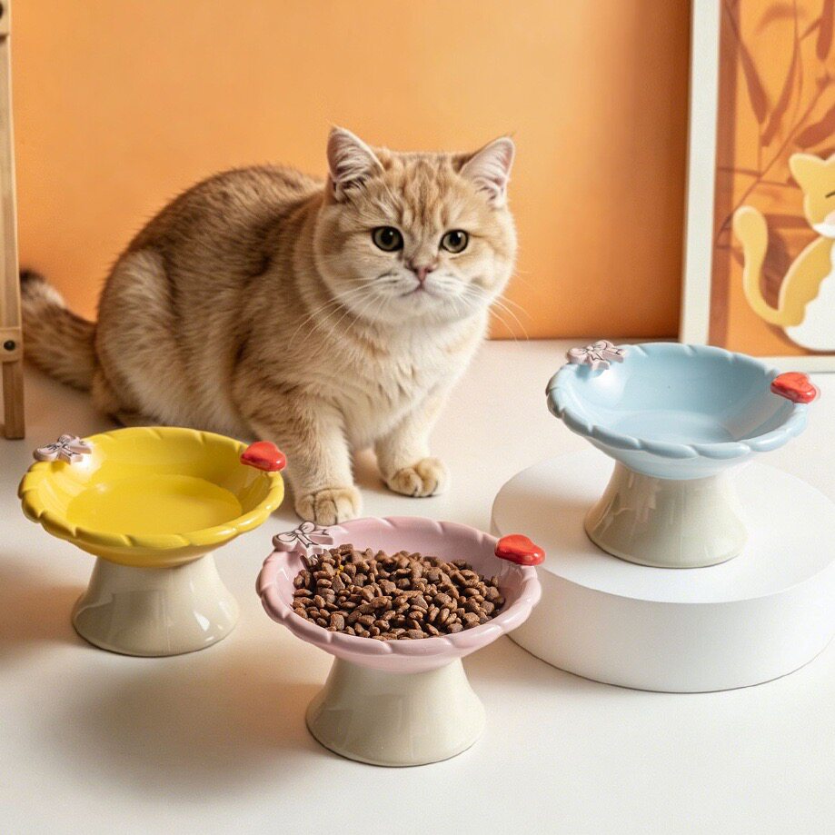 陶瓷猫碗防黑下巴大口径猫粮碗狗碗喝水碗防打翻高脚护颈宠物用品